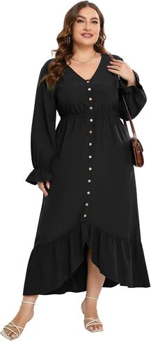 KOJOOIN Plus Size Ruffle Spring Dress for Women Long Sleeve V Neck High Low Dress Empire Waist Casual Maxi Dress for Fall in Saudi Arabia