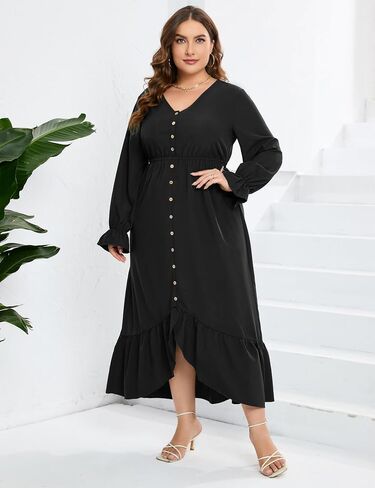 KOJOOIN Plus Size Ruffle Spring Dress for Women Long Sleeve V Neck High Low Dress Empire Waist Casual Maxi Dress for Fall in Saudi Arabia