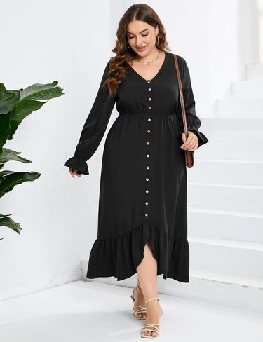 KOJOOIN Plus Size Ruffle Spring Dress for Women Long Sleeve V Neck High Low Dress Empire Waist Casual Maxi Dress for Fall in Saudi Arabia