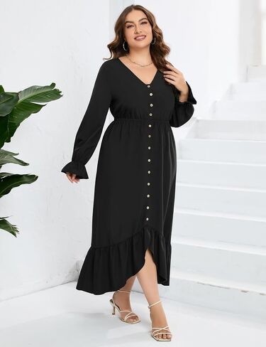 KOJOOIN Plus Size Ruffle Spring Dress for Women Long Sleeve V Neck High Low Dress Empire Waist Casual Maxi Dress for Fall in Saudi Arabia