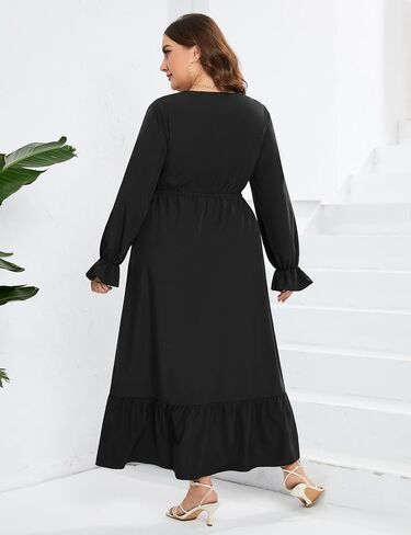 KOJOOIN Plus Size Ruffle Spring Dress for Women Long Sleeve V Neck High Low Dress Empire Waist Casual Maxi Dress for Fall in Saudi Arabia
