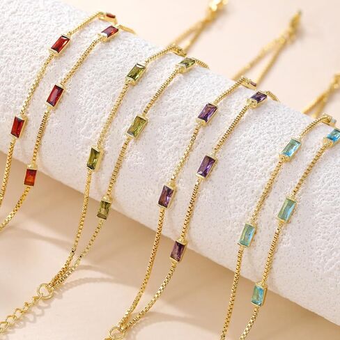 Ritach Birthstone Bracelet for Women 14K Gold Plated Dainty Double Layers Stackable Green Bulue Cubic Zirconia Charm Link emerald Bracelet for Valentines Day Birthday Gifts for Her Jewelry in Kuwait