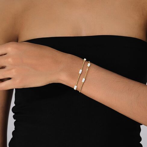 Ritach Birthstone Bracelet for Women 14K Gold Plated Dainty Double Layers Stackable Green Bulue Cubic Zirconia Charm Link emerald Bracelet for Valentines Day Birthday Gifts for Her Jewelry in Kuwait