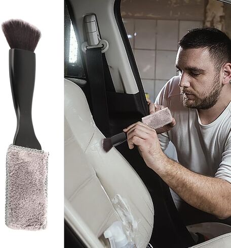 Double Head Brush for Car Clean, Car Air Vent Cleaning Brush, Car Brushes for Detailing Interior Soft Bristles with Removable Coral Fleece Wiping Cloth for Vent, Center Console, Dashboard(Black) in Saudi Arabia