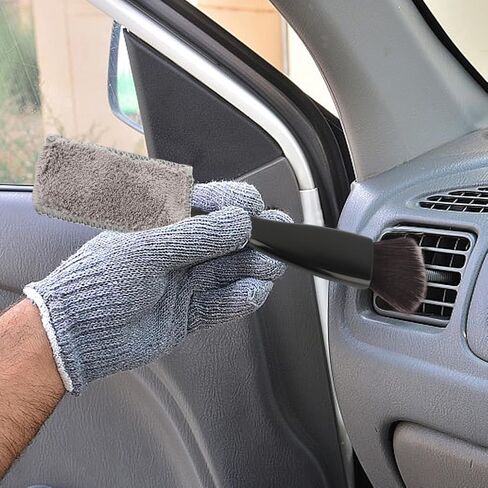 Double Head Brush for Car Clean, Car Air Vent Cleaning Brush, Car Brushes for Detailing Interior Soft Bristles with Removable Coral Fleece Wiping Cloth for Vent, Center Console, Dashboard(Black) in Saudi Arabia