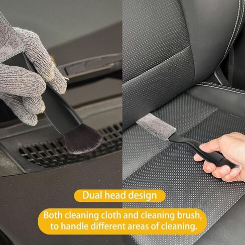 Double Head Brush for Car Clean, Car Air Vent Cleaning Brush, Car Brushes for Detailing Interior Soft Bristles with Removable Coral Fleece Wiping Cloth for Vent, Center Console, Dashboard(Black) in Saudi Arabia