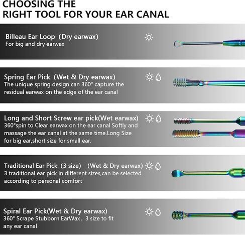 Hion 6 Pcs Ear Wax Removal Kit,Professional Double-Headed Ear Pick Earwax Removal Tools,316L Stainless Steel Ear Cleaner Curette with Cleaning Brush and Storage Box,Suit for Kid Adult(Colorful) in Saudi Arabia