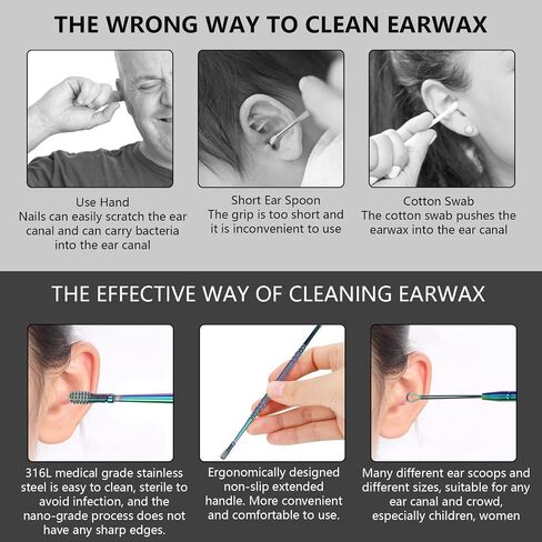Hion 6 Pcs Ear Wax Removal Kit,Professional Double-Headed Ear Pick Earwax Removal Tools,316L Stainless Steel Ear Cleaner Curette with Cleaning Brush and Storage Box,Suit for Kid Adult(Colorful) in Saudi Arabia