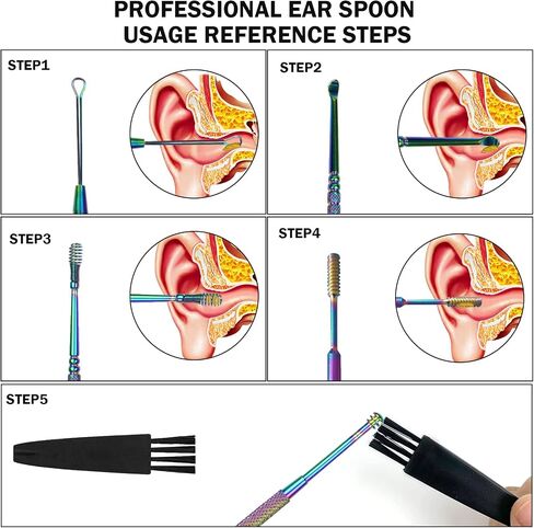 Hion 6 Pcs Ear Wax Removal Kit,Professional Double-Headed Ear Pick Earwax Removal Tools,316L Stainless Steel Ear Cleaner Curette with Cleaning Brush and Storage Box,Suit for Kid Adult(Colorful) in Saudi Arabia
