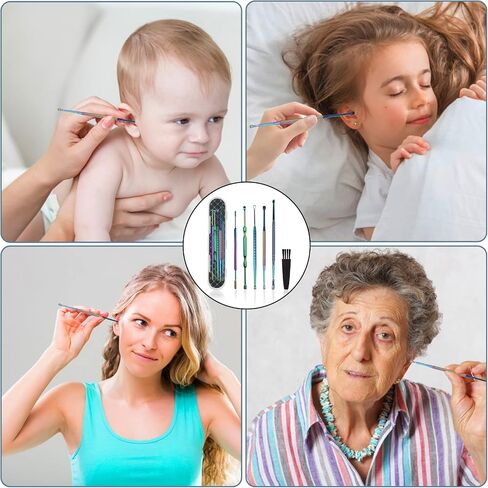Hion 6 Pcs Ear Wax Removal Kit,Professional Double-Headed Ear Pick Earwax Removal Tools,316L Stainless Steel Ear Cleaner Curette with Cleaning Brush and Storage Box,Suit for Kid Adult(Colorful) in Saudi Arabia