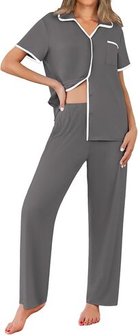 Ekouaer Women Pajamas Set Button Down Notch Collar Soft Short Sleeve Pjs Set with Long Pant Set Lounge Set in Saudi Arabia