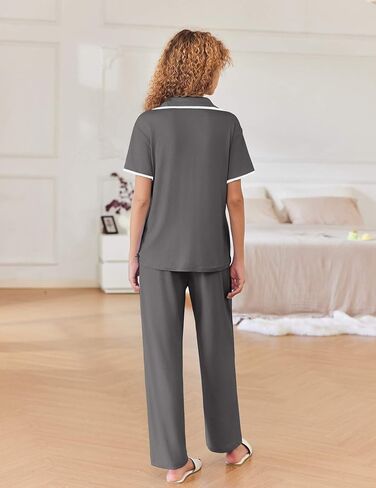 Ekouaer Women Pajamas Set Button Down Notch Collar Soft Short Sleeve Pjs Set with Long Pant Set Lounge Set in Saudi Arabia