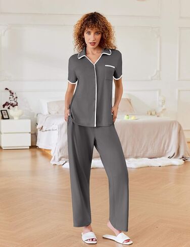 Ekouaer Women Pajamas Set Button Down Notch Collar Soft Short Sleeve Pjs Set with Long Pant Set Lounge Set in Saudi Arabia