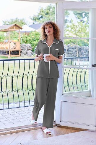 Ekouaer Women Pajamas Set Button Down Notch Collar Soft Short Sleeve Pjs Set with Long Pant Set Lounge Set in Saudi Arabia