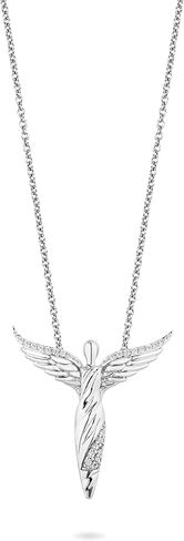 Jewelili Hallmark غرامة مجوهرات فضة 1/8 Cttw الطبيعية الأبيض جولة الماس الحديثة منحوتة الملاك قلادة، 17.5 "سلسلة كابل in Kuwait