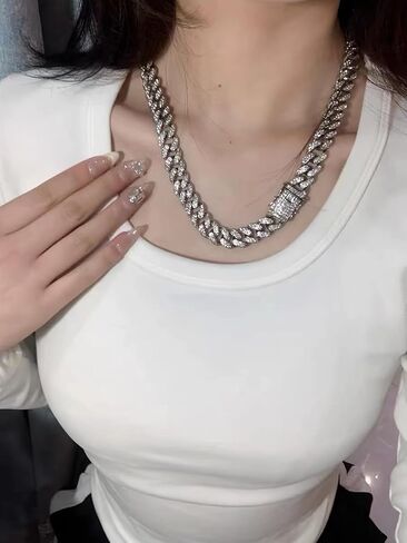 18k Gold Cuban Link Chain Miami Cuban Necklace Silver Rhinestone Chain Iced Out Hip Hop Jewelry for Women in Saudi Arabia