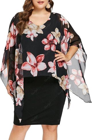 ROSE GAL Rosegal Plus Size Womens V Neck Floral Chiffon Overlay Bodycon Pencil Knee Length Cape Dress in Saudi Arabia