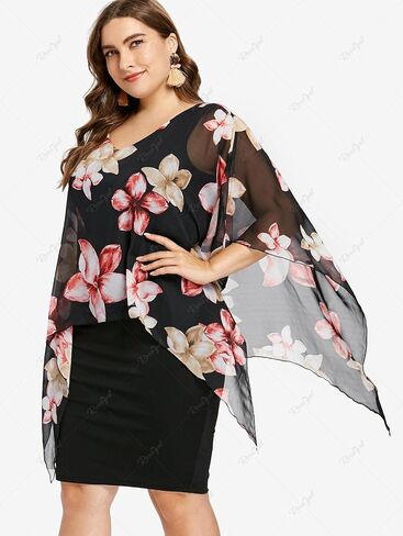 ROSE GAL Rosegal Plus Size Womens V Neck Floral Chiffon Overlay Bodycon Pencil Knee Length Cape Dress in Saudi Arabia