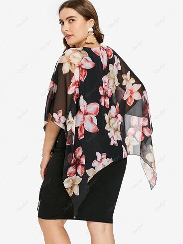 ROSE GAL Rosegal Plus Size Womens V Neck Floral Chiffon Overlay Bodycon Pencil Knee Length Cape Dress in Saudi Arabia