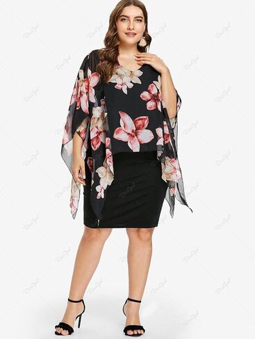 ROSE GAL Rosegal Plus Size Womens V Neck Floral Chiffon Overlay Bodycon Pencil Knee Length Cape Dress in Saudi Arabia