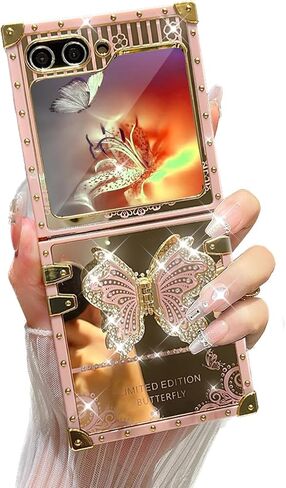 AuroiCYY for Samsung Galaxy Z Flip 6 Case with Kickstand, Glitter Foldable Bling Butterfly Stand Mirror Back Gold Plated Shockproof Protective Elegant Cute Woman Girly Soft Cover for Z flip 6 (Black) in Saudi Arabia