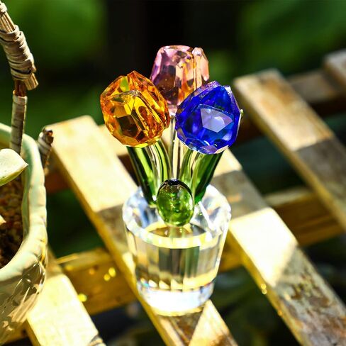 H&D HYALINE & DORA Colorful Crystal Tulip Flowers Figurine Collectible,Glass Flower Bouquet Paperweight,Gift for Anniversary Wedding Centerpiece Ornament in Kuwait