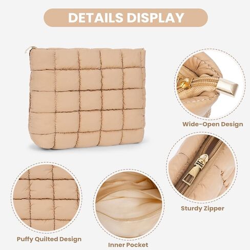 Puffy Quilted Makeup Bag Cosmetic Bags Travel Cute Puffer Solid Toiletry Organizer Pouch Storage Clutch for Women in Kuwait