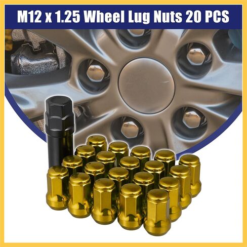 M12 x 1.25 سيارة العروة المكسرات مخروط مقعد نهاية مغلقة انتفاخ الجوزة عرافة عجلة الجوز مع مفتاح المقبس لهجة الذهب - حزمة من 20 قطع غيار السيارات in Kuwait