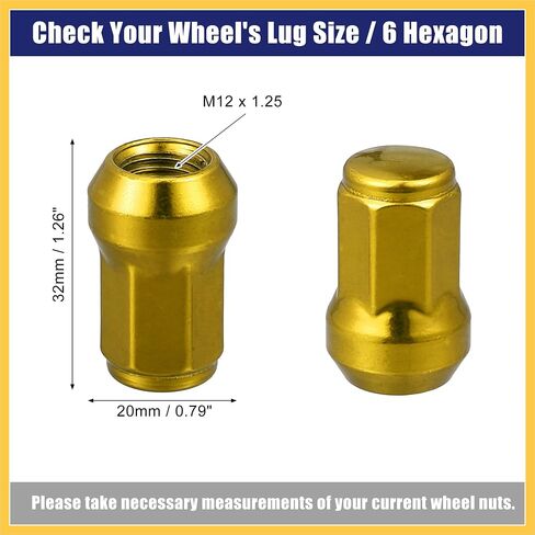 M12 x 1.25 سيارة العروة المكسرات مخروط مقعد نهاية مغلقة انتفاخ الجوزة عرافة عجلة الجوز مع مفتاح المقبس لهجة الذهب - حزمة من 20 قطع غيار السيارات in Kuwait