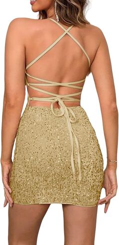 Women's Sequin Bodycon Mini Dress Sparkly Dress Sexy Criss Cross Open Back Short Dress in Saudi Arabia