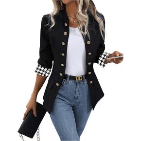MakeMeChic Women's Houndstooth Open Front Mock Neck Double Breasted Long Sleeve Blazer Business Jacket