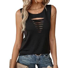 Remidoo Women's Rock Ripped Tank Top Distressed Cut Out Sleeveless Shirt