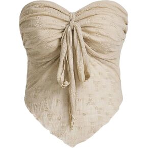 Women's Plus Size Textured Tie Front Bandeau Top Strapless Asymmetrical Hem Sleeveless Slim Fit Tube Crop Tops
