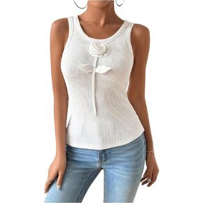 Verdusa Women's 3D Floral Applique Sleeveless Round Neck Ribbed Tank Top