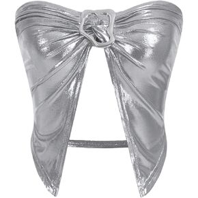 OYOANGLE Women's Metallic Ring Linked Strapless Split Asymmetrical Hem Ruched Party Clubwear Crop Tube Tops