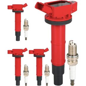 Ignition Coil Packs UF333 and Iridium Spark Plugs 7092 Fits for Toyota Camry Corolla RAV4 Solara Matrix Highlander Lexus HS250h Scion xB tC 2.0L 2.4L L4 2007 2008 2009 2010, Set of 4, Red