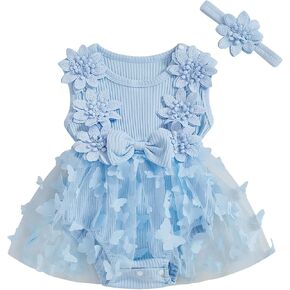 Newborn Baby Girl Lace Romper Dress Sleeveless Floral Lace Outfits Summer Toddler Clothes with Headband