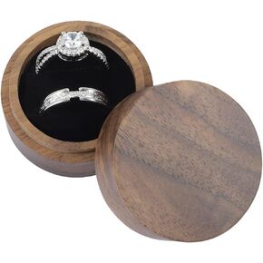 Ring Box for Wedding Ceremony 2 Rings, Wooden Ring Box with Clear Top, Mini Ring Bearer Round Ring Holder for Engagement Ceremony Proposal Anniversary (White + Clear Top)