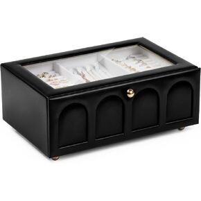 CASEGRACE Jewelry Box for Women, 2 Layer Double Drawer Jewelry Organizer Glass Lid, Large Jewelry Display Case for Necklace Bracelet Earrings Rings Storage for Dresser, Black