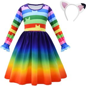 Cat Dollhouse Rainbow Striped Long Sleeve Dress with Headband Halloween Birthday Christmas Dress Up For 3-7 Years
