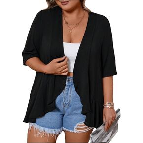 SOLY HUX Women's Plus Size Ruffle Half Sleeve Kimono Cardigan Open Front Loose Cover Up Casual Blouse Tops