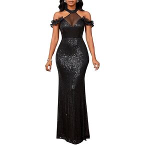 Cololura Women Sexy Sequin Halter Neck Short Sleeve Mesh Perspective Party Bodycon Evening Cocktail Maxi Dress