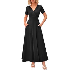 WNEEDU Women's Summer Maxi Dress Short Sleeves Wrap V Neck Long Dresses with Pockets