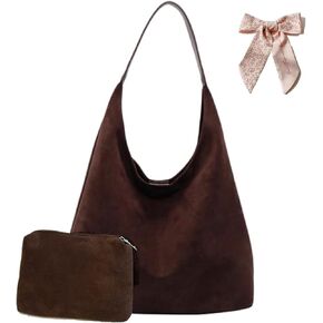 PU Leather Handbag Faux Suede Tote Bag with Pouch, Hobo Slouch Bag, Women's Shoulder Bags Hobos Bags for Travel Work