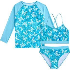 Vogseek 7-13T Girls 3pcs Bikini Swimwear with Long Sleeve Rashguard Shirts Quick Dry Swimsuits UPF 50+ Bathing Suits