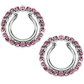 CZ Crystal Paved Circle No Pierce Fake Clip On Nipple Ring, Sold as a Pair (Pink)