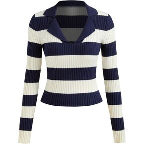 CIDER Knit Polo Striped Long Sleeve Top