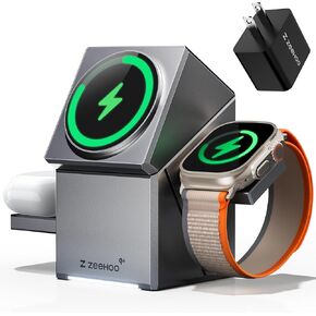 ZEEHOO Wireless Charging Station, CubeTrick-X Qi2 15W Fast Charge, 3 in 1 Wireless Charging Station for Apple Watch Charger, for iPhone 15, 14, 13, 12 Series, AirPods (30W USB-C Charger Included)