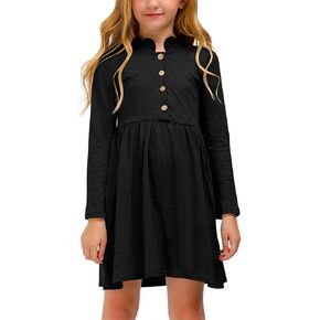 BesserBay Girl's Ruffle Collar Button-Down Pleated Casual Swing Midi Dress 4-12 Years