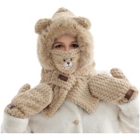 New Women's 4-in-1 Faux Fur Hooded Beanie Hat, Scarf, Gloves Set, Thick Bear Ear Beanie Hat Soft Warm Knit Hat